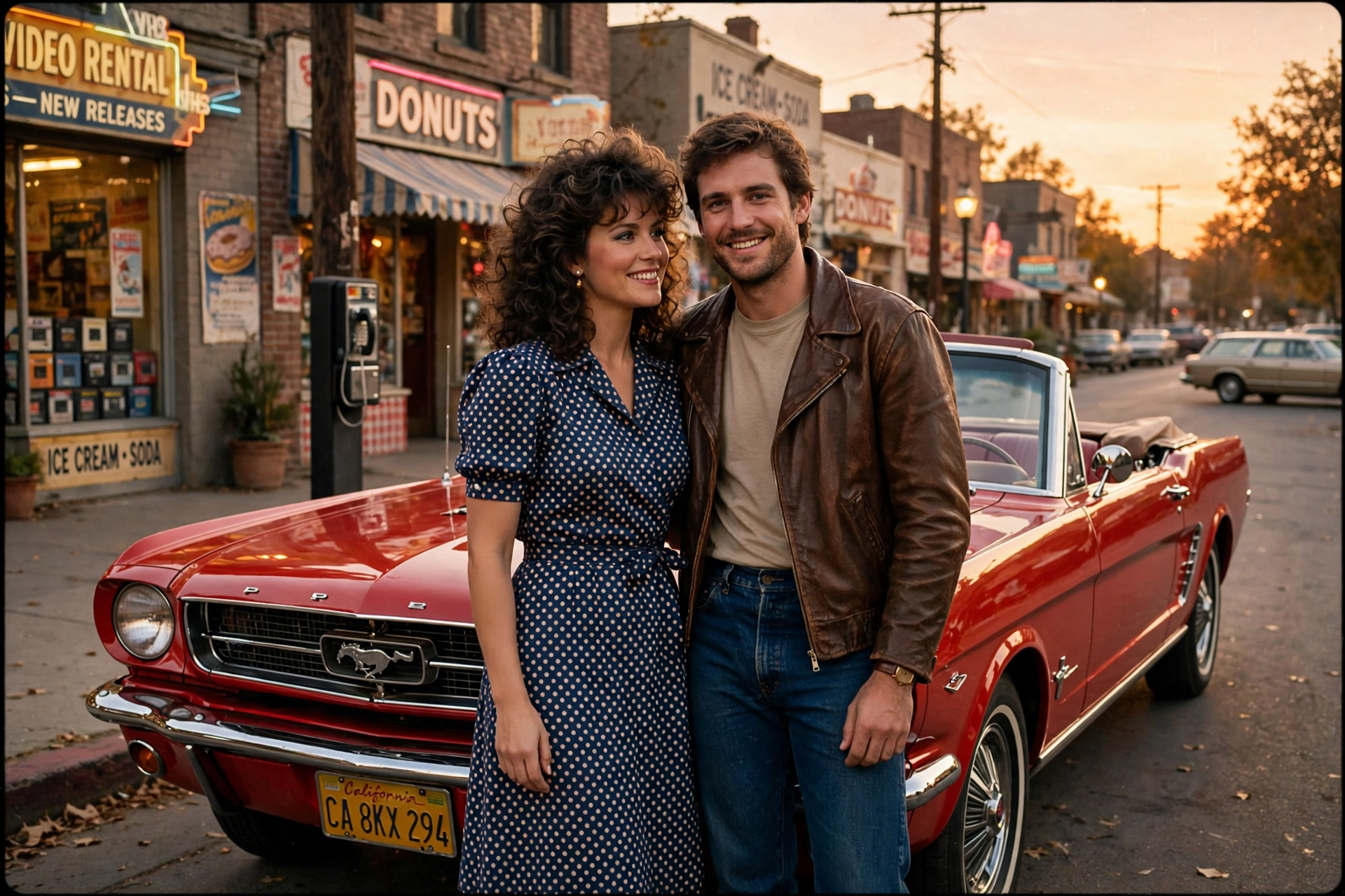 Create an ultra-realistic cinematic photograph of a couple in 1980s style attire posing in front of a classic car, film-grain retro look, warm nostalg