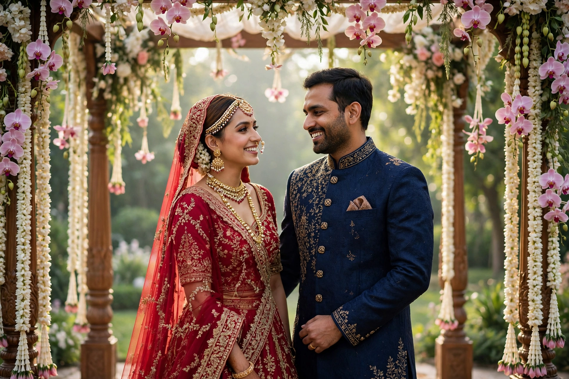 Create an ultra-realistic cinematic photograph of a bride in a traditional embroidered lehenga and groom in a sherwani standing in a flower-decorated