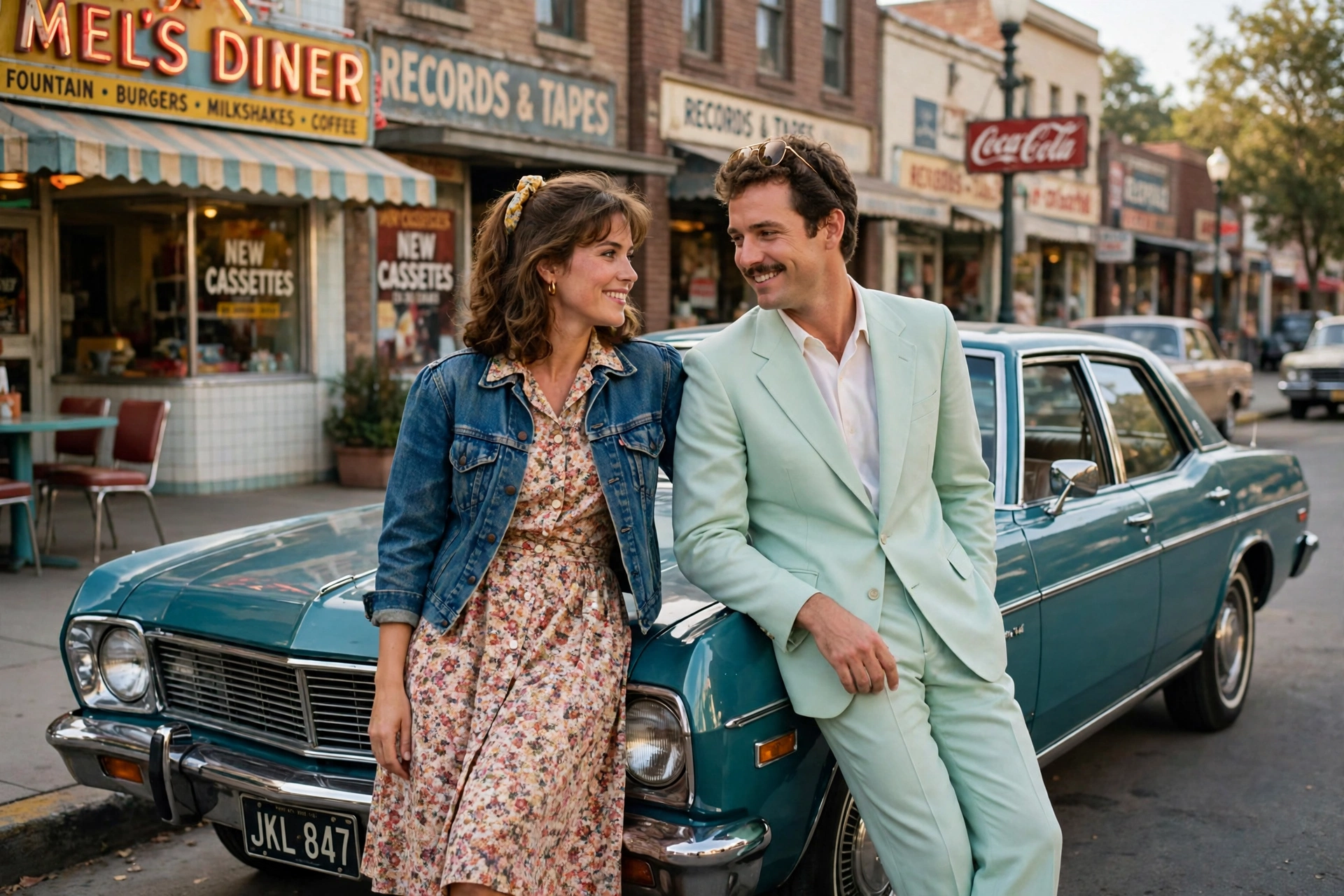 Create an ultra-realistic cinematic photograph of a couple in 1980s style attire posing in front of a classic car, film-grain retro look, warm nostalg