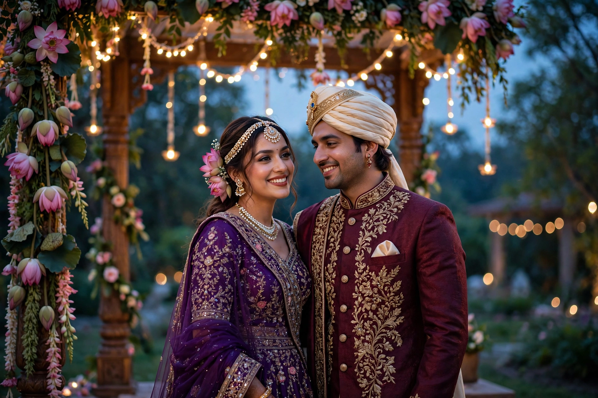 Create an ultra-realistic cinematic photograph of a bride in a traditional embroidered lehenga and groom in a sherwani standing in a flower-decorated