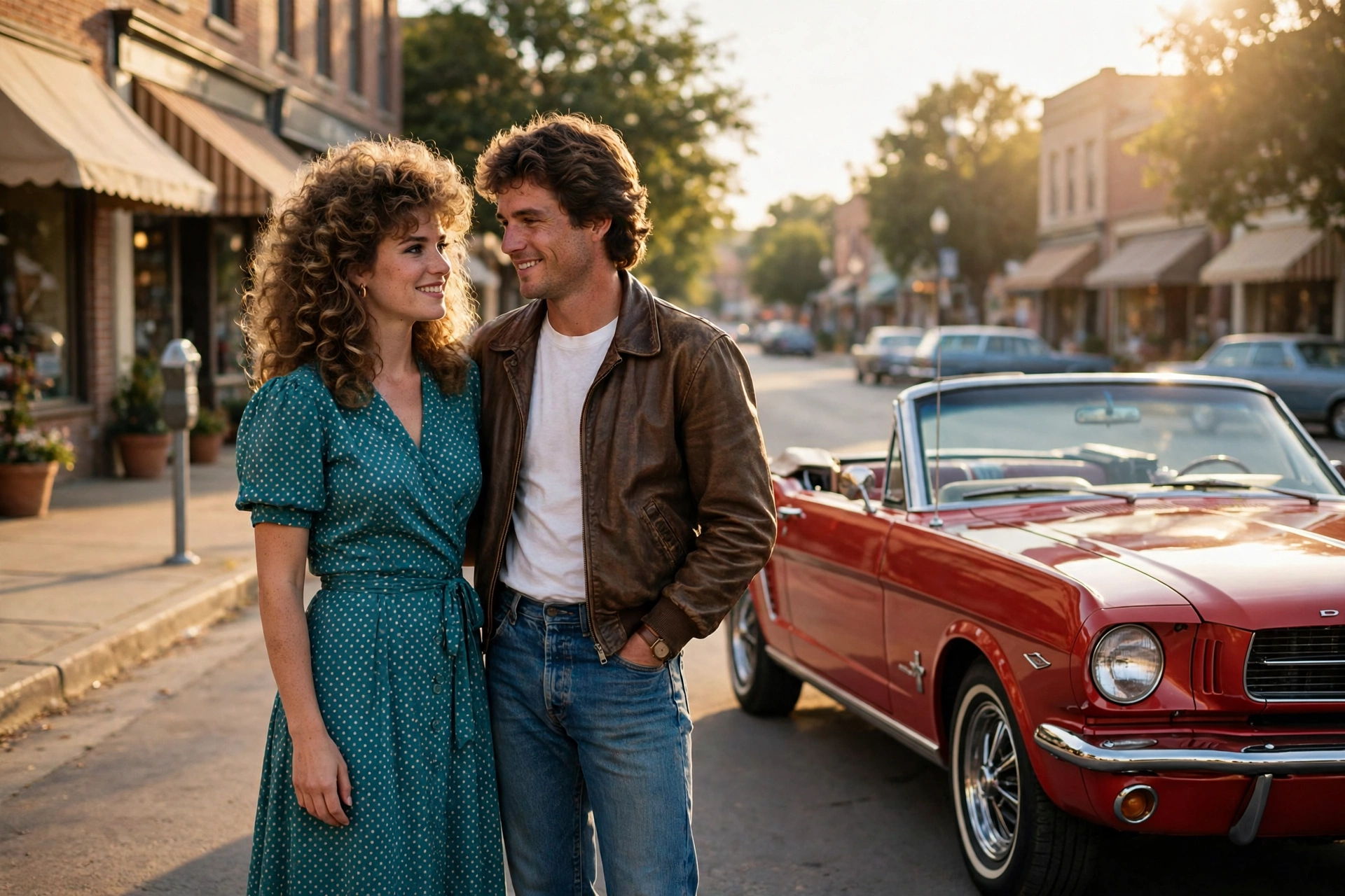Create an ultra-realistic cinematic photograph of a couple in 1980s style attire posing in front of a classic car, film-grain retro look, warm nostalg