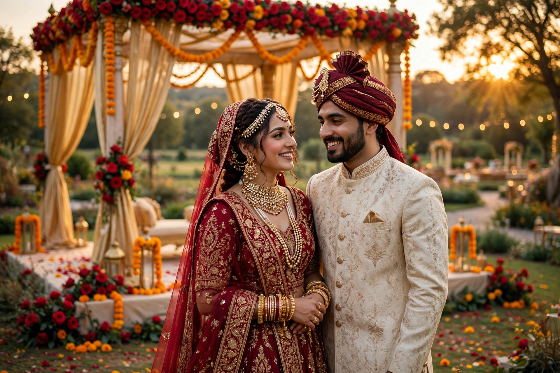 Create an ultra-realistic cinematic photograph of a bride in a traditional embroidered lehenga and groom in a sherwani standing in a flower-decorated