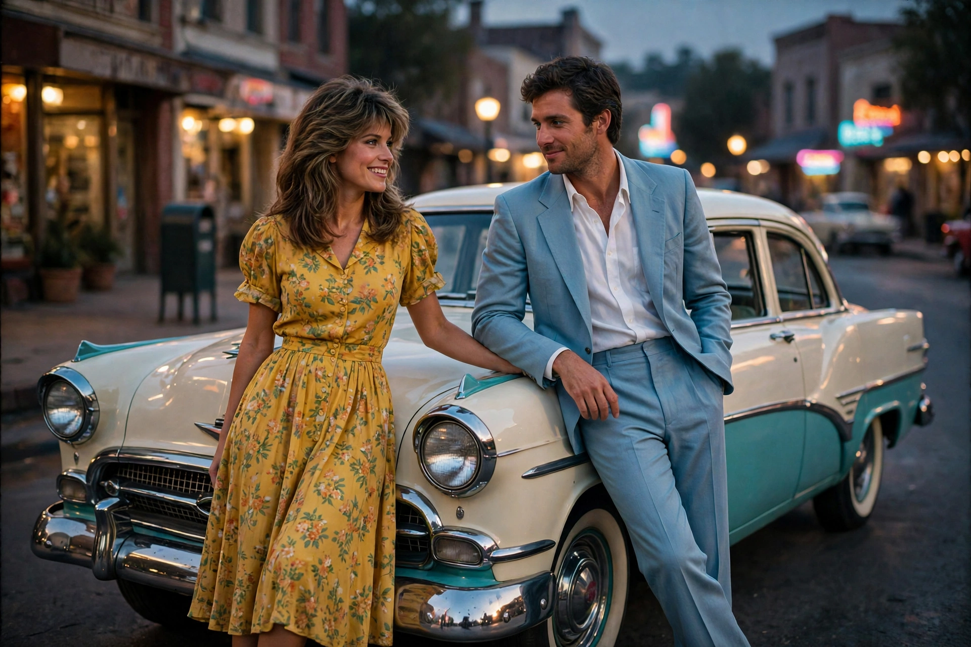 Create an ultra-realistic cinematic photograph of a couple in 1980s style attire posing in front of a classic car, film-grain retro look, warm nostalg