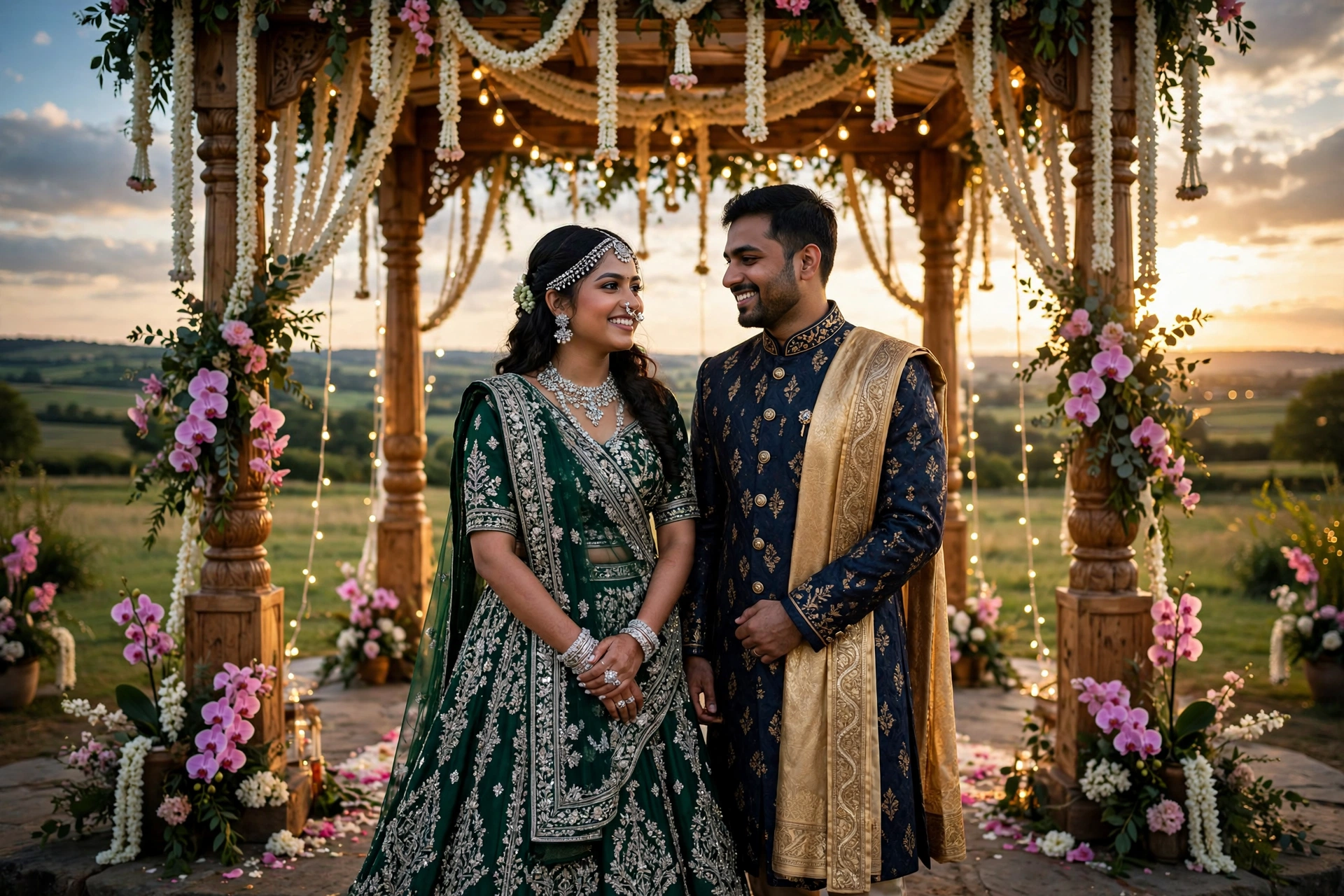 Create an ultra-realistic cinematic photograph of a bride in a traditional embroidered lehenga and groom in a sherwani standing in a flower-decorated