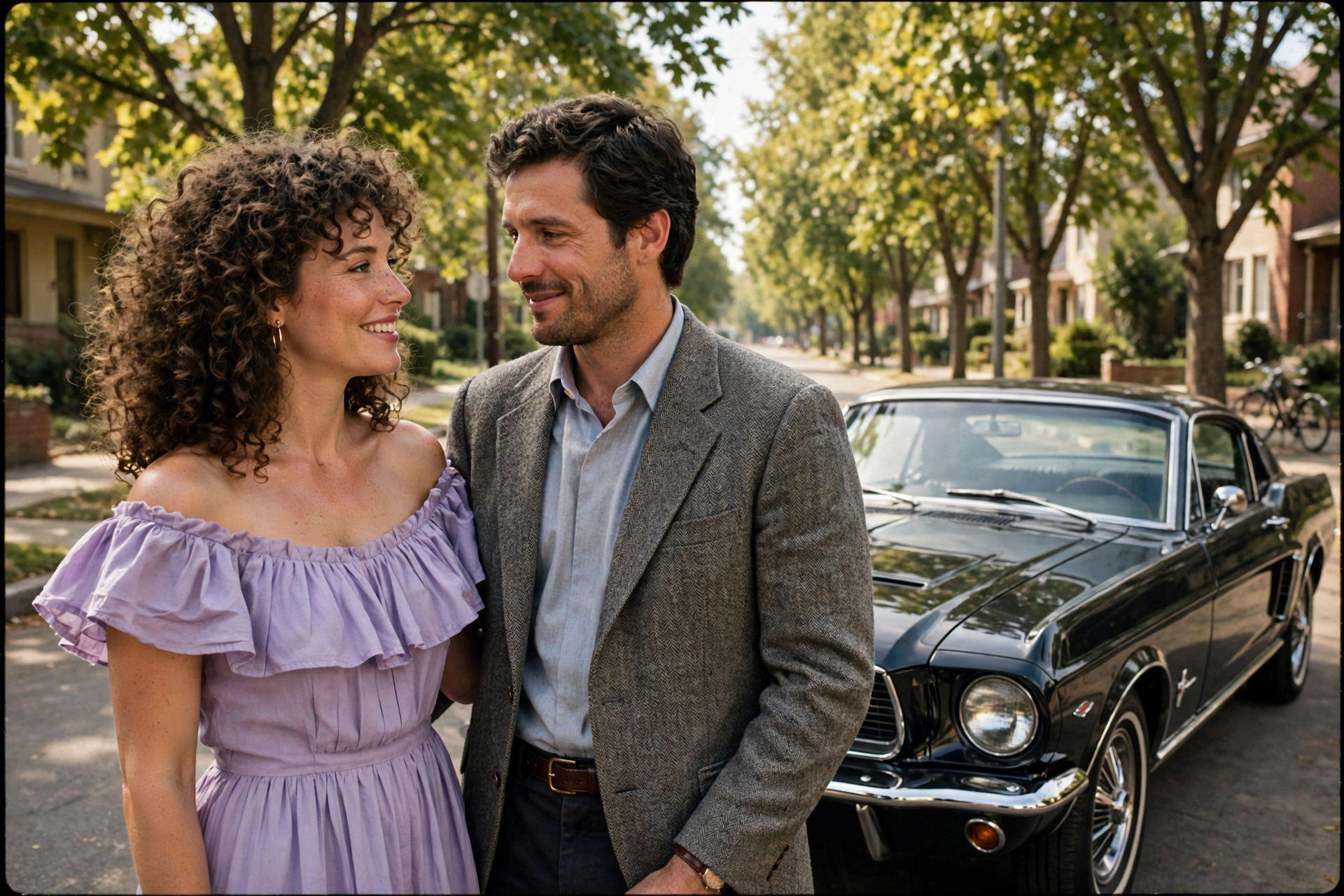 Create an ultra-realistic cinematic photograph of a couple in 1980s style attire posing in front of a classic car, film-grain retro look, warm nostalg