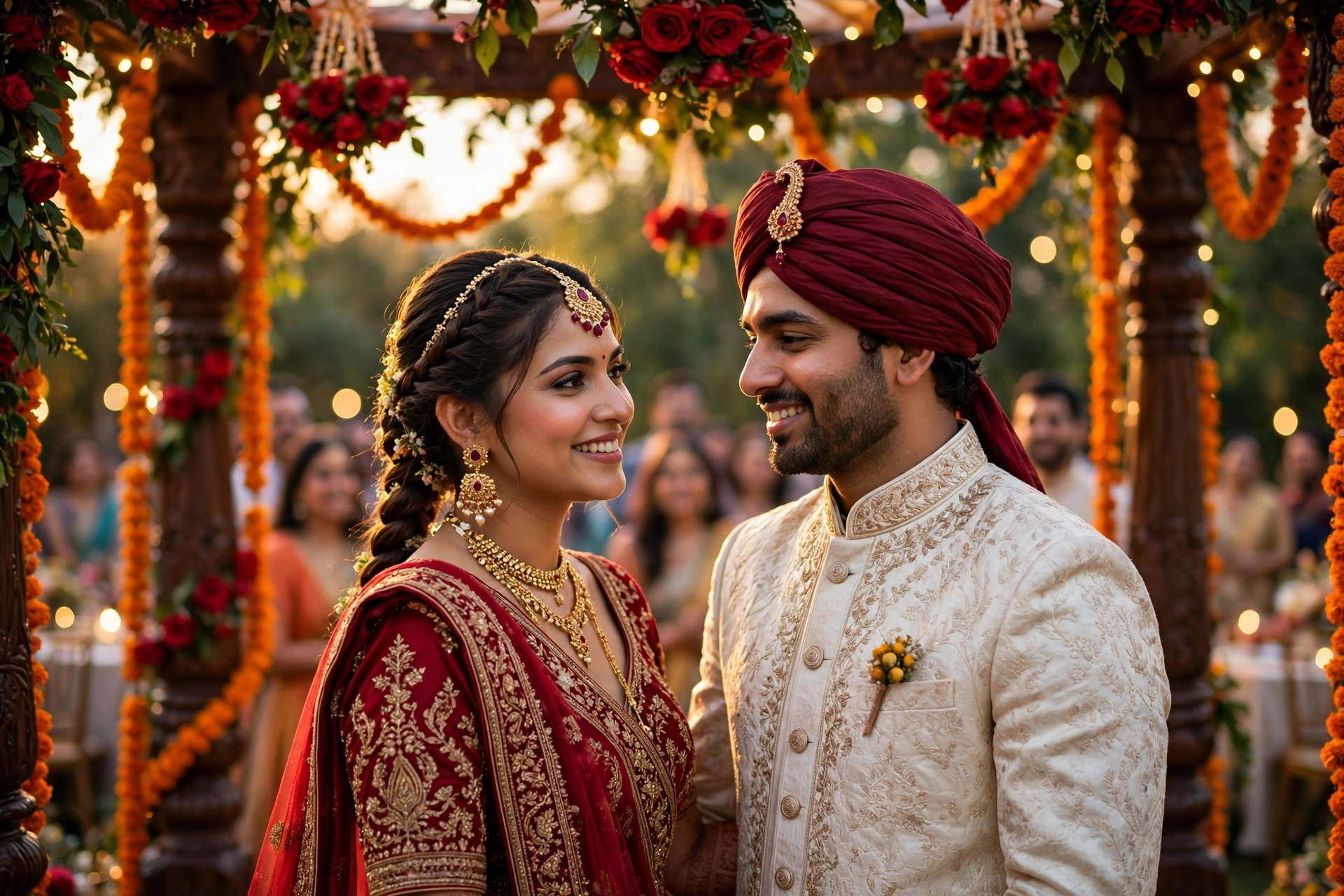 Create an ultra-realistic cinematic photograph of a bride in a traditional embroidered lehenga and groom in a sherwani standing in a flower-decorated