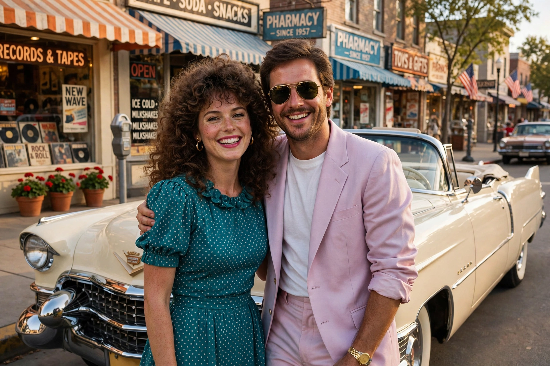 Create an ultra-realistic cinematic photograph of a couple in 1980s style attire posing in front of a classic car, film-grain retro look, warm nostalg