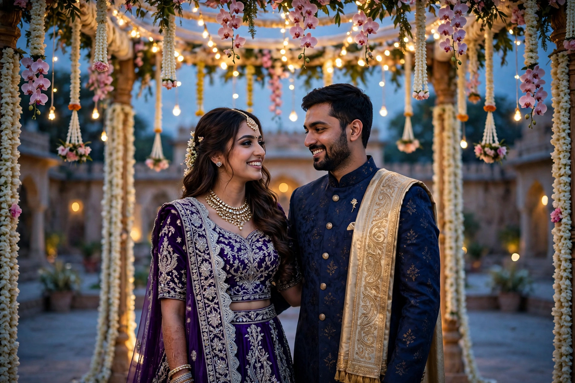 Create an ultra-realistic cinematic photograph of a bride in a traditional embroidered lehenga and groom in a sherwani standing in a flower-decorated