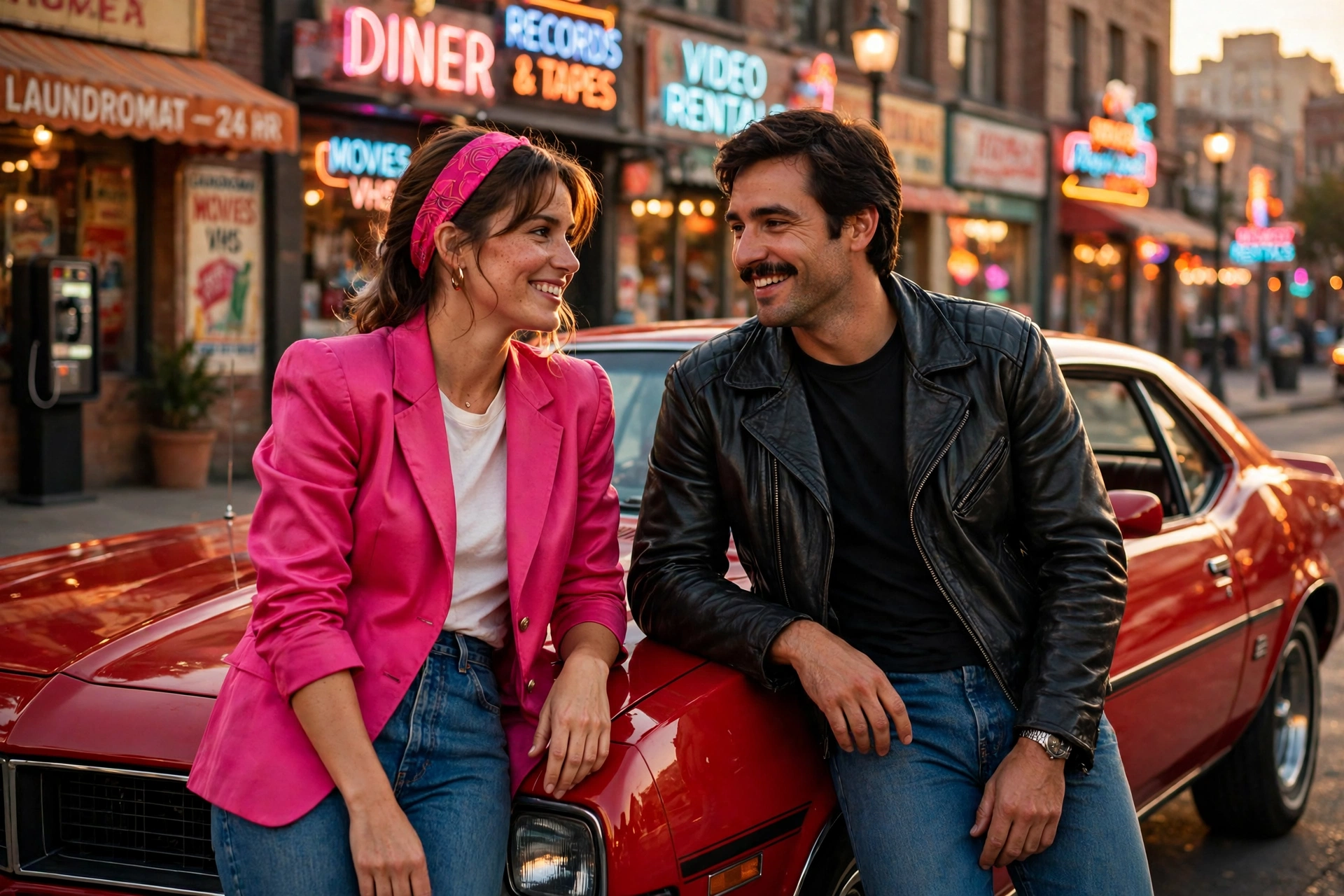 Create an ultra-realistic cinematic photograph of a couple in 1980s style attire posing in front of a classic car, film-grain retro look, warm nostalg