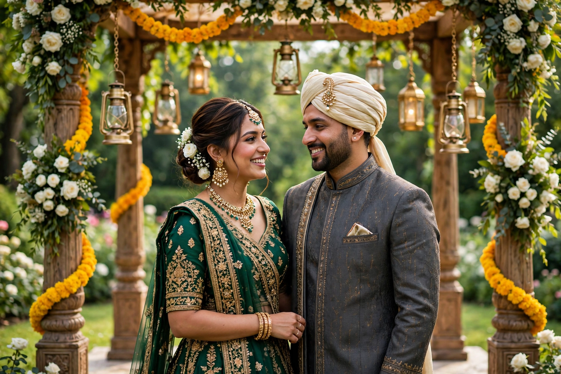 Create an ultra-realistic cinematic photograph of a bride in a traditional embroidered lehenga and groom in a sherwani standing in a flower-decorated