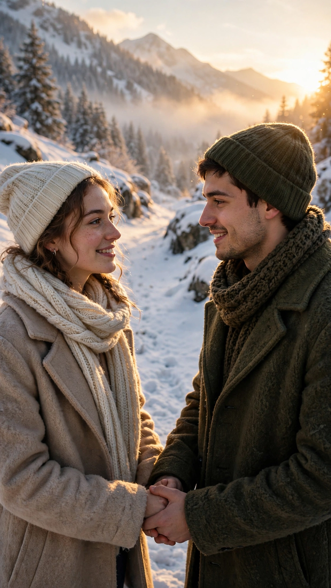 Create an ultra-realistic cinematic photograph of a young couple walking hand in hand on a snow-covered mountain path at sunrise, soft golden light on