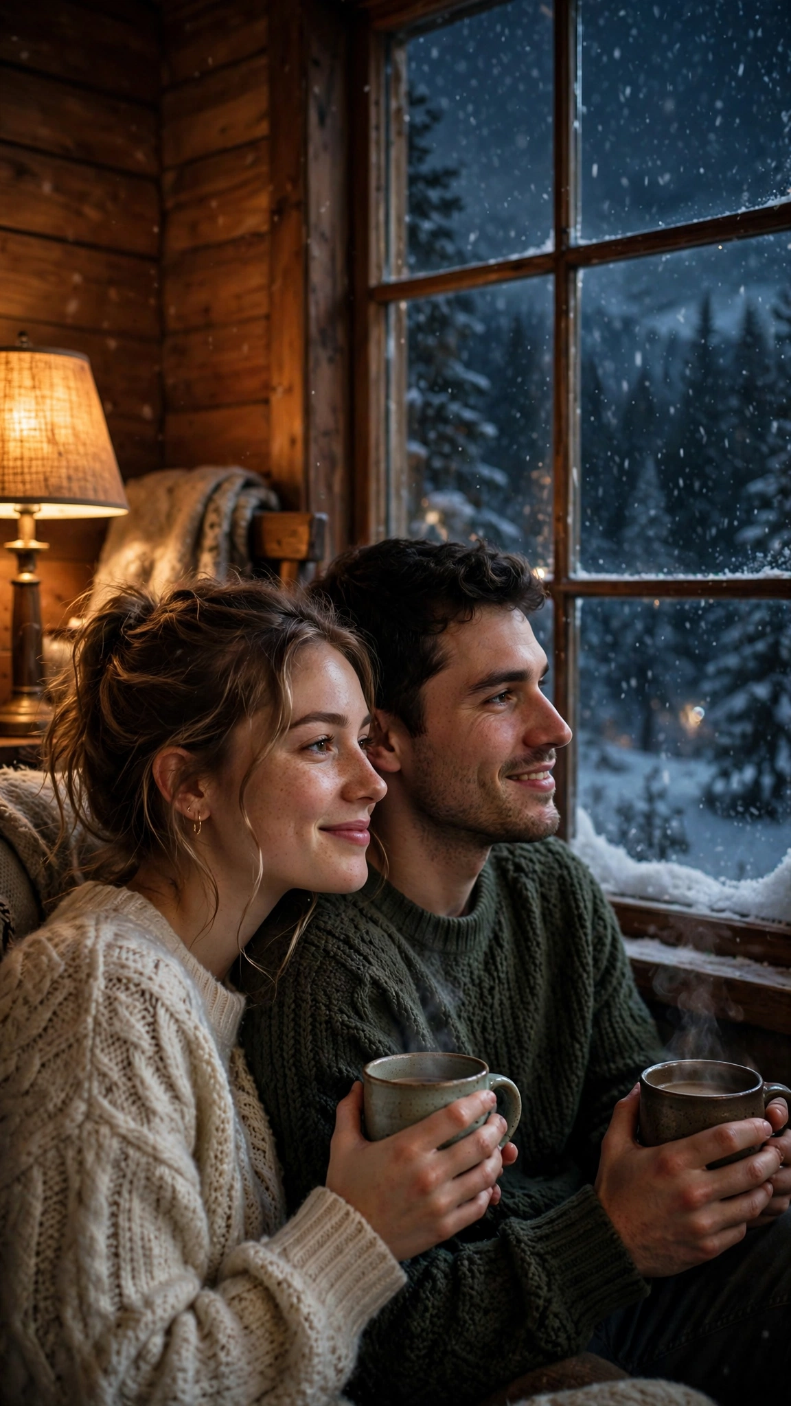 Create an ultra-realistic cinematic photograph of a young couple sitting close together by a large cabin window, snow falling outside, warm lamp light