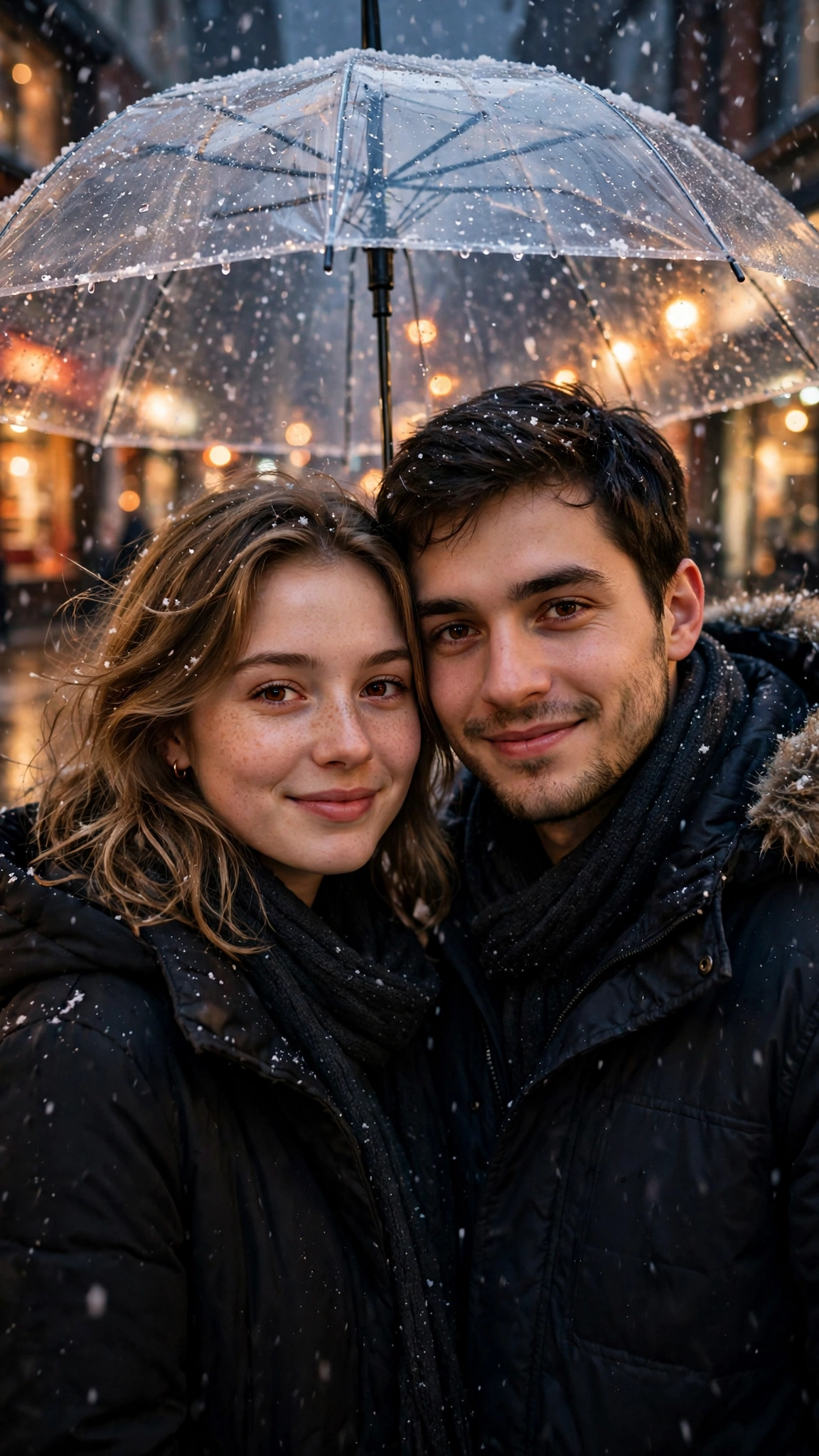 Create an ultra-realistic cinematic photograph of a young couple sharing one clear umbrella on a city street at night in light snowfall, warm shop lig