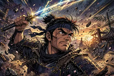 a fearless samurai raising a glowing katana rendered in classic 90s anime OVA style, frozen mid-action with bold motion lines and flying debris