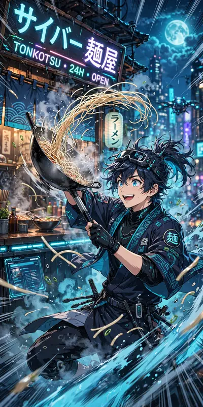 Dynamic anime key visual of a ramen chef flipping noodles through steam, drawn in sleek cyber-anime hybrid style. Cold cyan moonlight washes the
