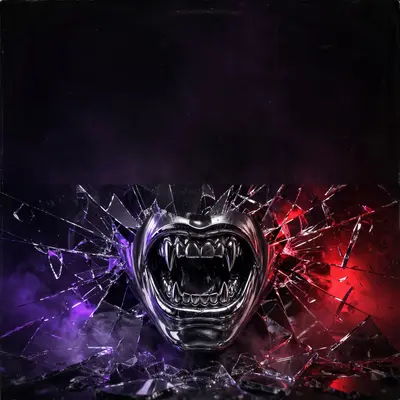 Square 1:1 album cover artwork: a snarling chrome mouth, shattered mirror background, aggressive red lighting, pure rage energy. High-contrast