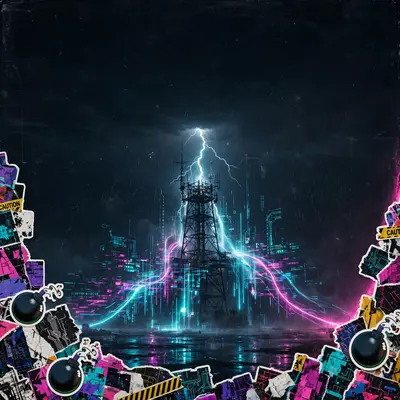 Square 1:1 album cover artwork: a radio tower struck by lightning, data streams, harsh digital noise, pure breakcore energy. Gritty film-photography