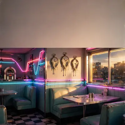 Square 1:1 album cover artwork: a diner interior in impossible neon colors, melting clocks on the wall, pure hyperpop energy. Raw flash-photo look