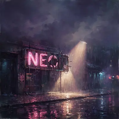 Square 1:1 album cover artwork: a dying neon sign in the rain, the letters half-dead, reflections on wet pavement, pure synthpop energy. Painterly