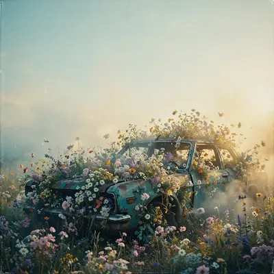 Square 1:1 album cover artwork: a riot of wildflowers overtaking an abandoned car, golden hour, pure indie energy. Soft analog grain, in hazy