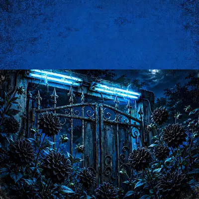 Square 1:1 album cover artwork: black dahlias blooming under moonlight, a wrought-iron gate, blue tint, pure darkwave energy. Hyper-saturated digital