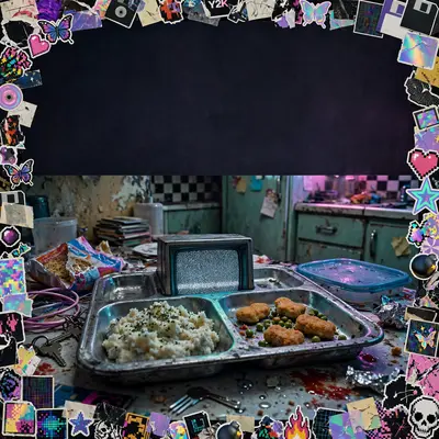 Square 1:1 album cover artwork: a TV dinner tray with static on the tiny screen, Y2K kitchen, flash photo, pure digicore energy. Gritty