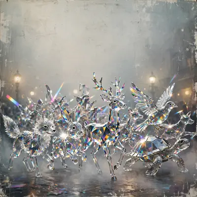 Square 1:1 album cover artwork: a parade of glass animals marching through fog, refracting streetlights, pure alt-pop energy. Dreamy airbrushed
