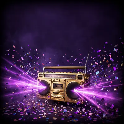 Square 1:1 album cover artwork: a gold-plated boombox blasting light beams, confetti frozen mid-air, pure hyperpop energy. High-contrast editorial