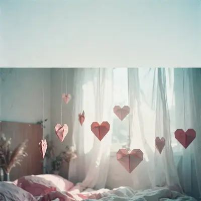 Square 1:1 album cover artwork: origami hearts hanging in a sunlit bedroom, sheer curtains, soft morning, pure bedroom pop energy. Soft analog grain