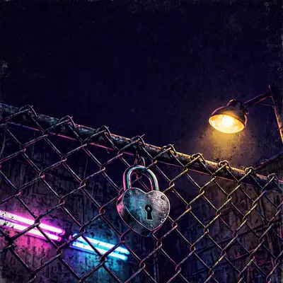 Square 1:1 album cover artwork: a heart-shaped padlock on a chain-link fence, night, one streetlight, pure emo rap energy. Hyper-saturated digital