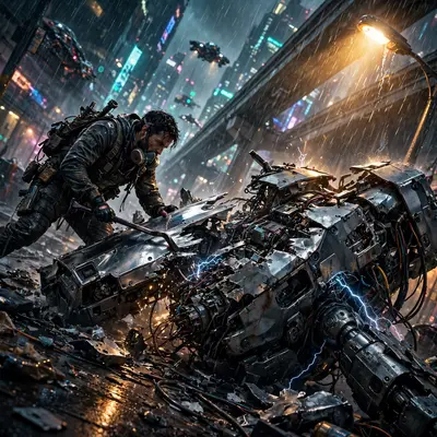 Moody cinematic cyberpunk realism scene: a scavenger prying chrome from a wrecked mech, the city humming behind them. Cold sodium-vapor streetlight