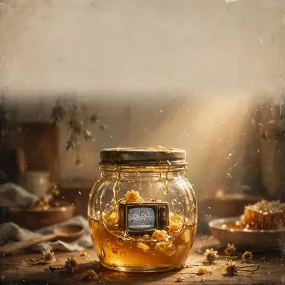 Square 1:1 album cover artwork: a honey jar with a tiny TV inside showing static, warm kitchen, macro, pure lo-fi energy. Painterly digital