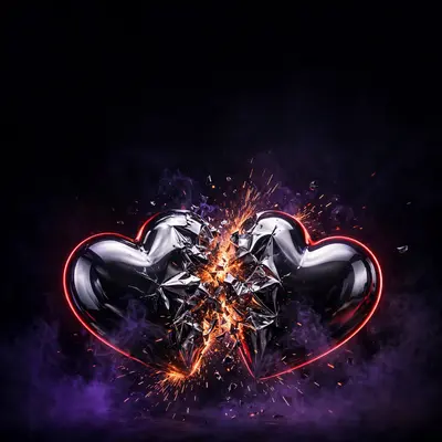 Square 1:1 album cover artwork: two chrome hearts colliding, sparks, dark background, red rim light, pure rage energy. High-contrast editorial style