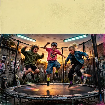 Square 1:1 album cover artwork: kids jumping on a trampoline at golden hour, motion blur, film grain, pure indie energy. Hyper-saturated digital pop