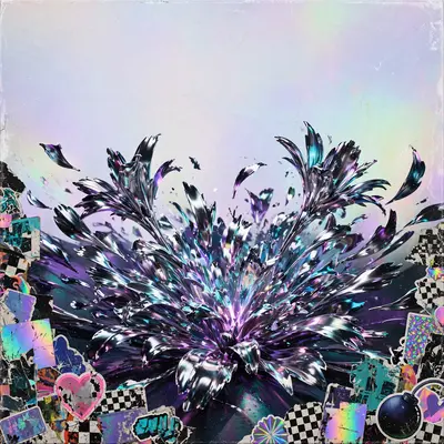 Square 1:1 album cover artwork: chrome flower petals exploding outward, holographic background, pure hyperpop energy. Gritty film-photography