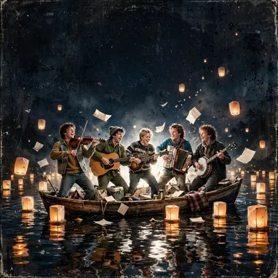 Square 1:1 album cover artwork: paper lanterns floating over a night river, a folk band on a boat, reflections, pure indie folk energy. Dreamy