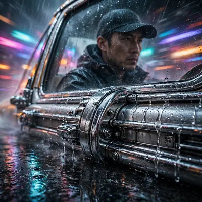 a taxi driver speeding through neon fog rendered in blade-runner-inspired cinematic style, chrome glinting under the downpour. Rain-diffused neon