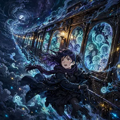 a girl riding a spectral train across a starry night sky, glowing spirits pressed against the windows, Classic anime key-visual style, cel-shaded