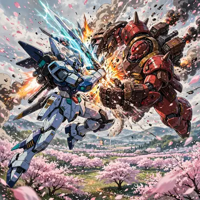 two giant mechas clashing above a cherry blossom field, petals swirling through explosions, Classic anime key-visual style, cel-shaded with vibrant