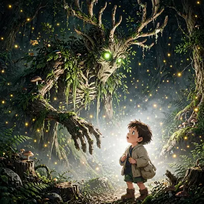 a small child meeting a towering forest spirit, glowing eyes in the dark, fireflies everywhere, Classic anime key-visual style, cel-shaded with