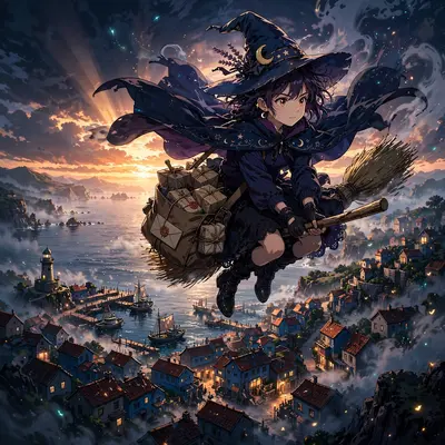 a young witch on a broomstick delivering parcels over a seaside town at sunrise, Classic anime key-visual style, cel-shaded with vibrant colors
