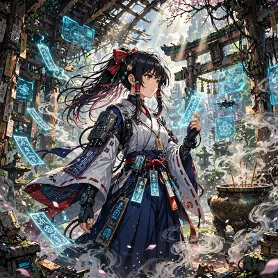 a shrine maiden with glowing talismans in a cyberpunk temple, incense smoke and holograms, Classic anime key-visual style, cel-shaded with vibrant