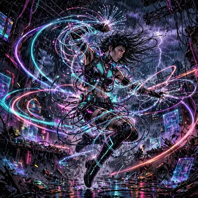 High-octane neon-drenched comic art style artwork of a nightclub dancer wrapped in fiber-optic cables, motion frozen amid the storm. Flickering