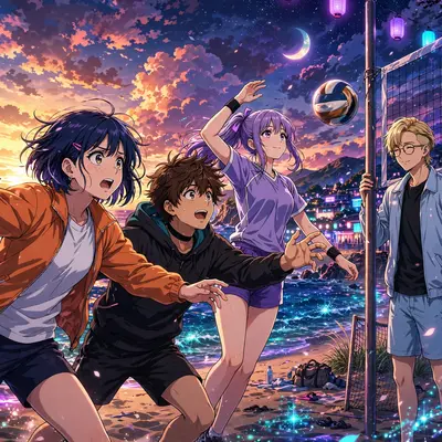 friends playing beach volleyball at sunset, dramatic anime expressions, waves sparkling, Classic anime key-visual style, cel-shaded with vibrant