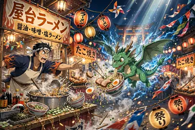 a tiny dragon stealing a bowl of ramen from a festival stall, vendor chasing, lanterns swaying, Classic anime key-visual style, cel-shaded with