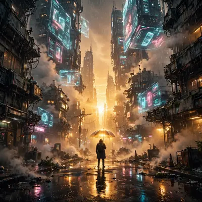 a rain-soaked megacity street, holographic ads towering overhead, a lone figure with a glowing umbrella, Gritty cyberpunk concept art, cinematic