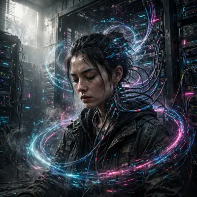 a hacker jacked into a mainframe, cables in her neck, data streams swirling around a dark server room, Gritty cyberpunk concept art, cinematic. Soft