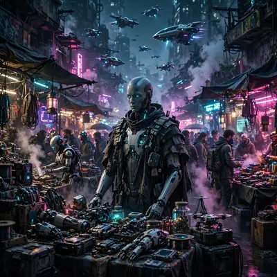 a crowded future bazaar, android vendors, steam and neon, flying vehicles overhead, Gritty cyberpunk concept art, cinematic. Neon-drenched night