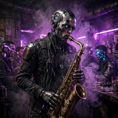an android saxophonist in a smoky underground bar, purple neon, patrons with glowing implants, Gritty cyberpunk concept art, cinematic. Harsh direct