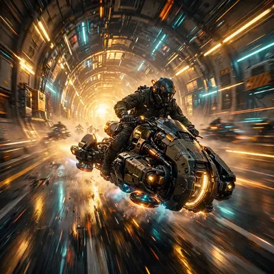 a hover-bike chase through a light-tunnel highway, motion blur, reflections streaking, Gritty cyberpunk concept art, cinematic. Warm golden-hour